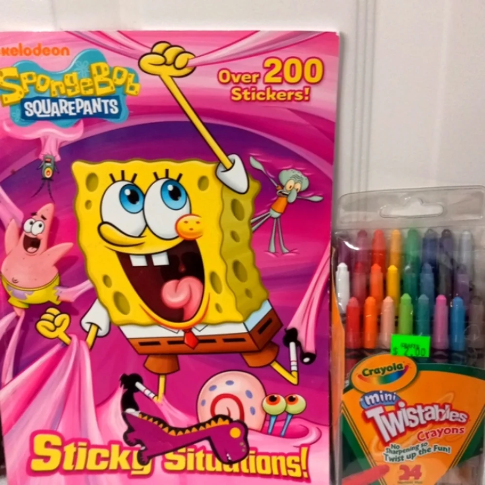 5 Items, 2 Boxes Crayons,  Box of Twistables, 2 coloring books,one has stickers